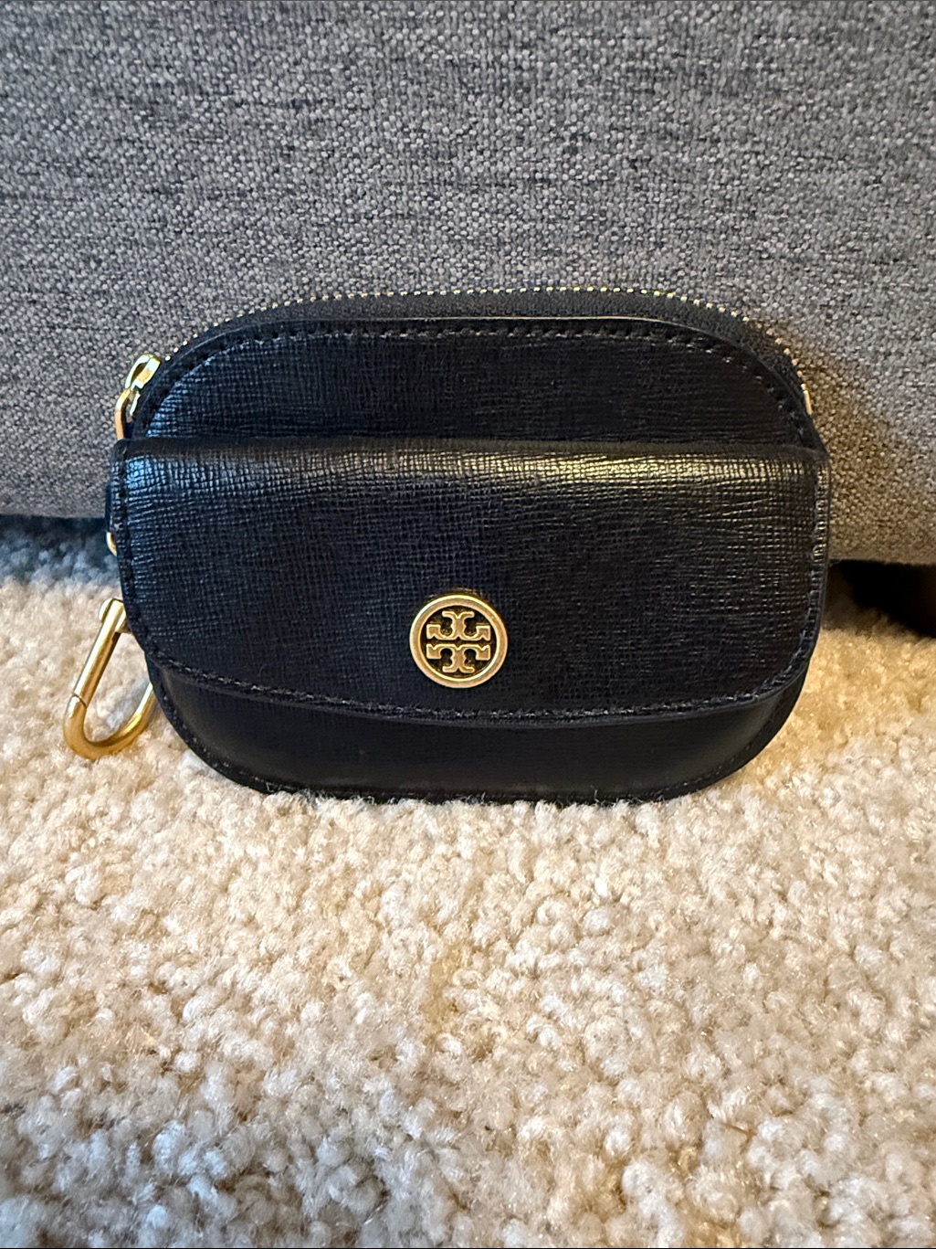 Tory Burch Black Leather Key Pouch With Gold Logo Accent